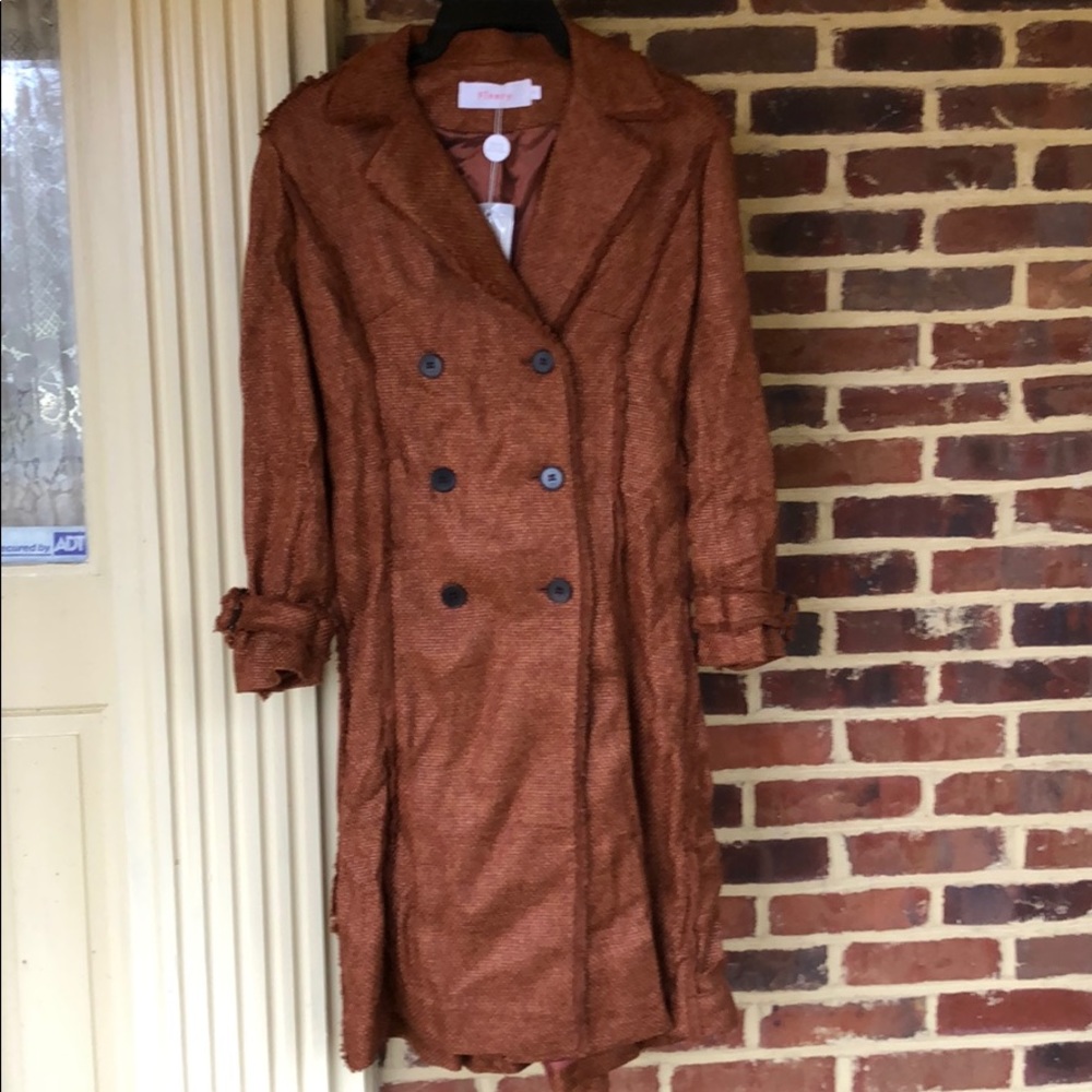 Finery London Orange Tweed Fringe Trench Coat-NWT